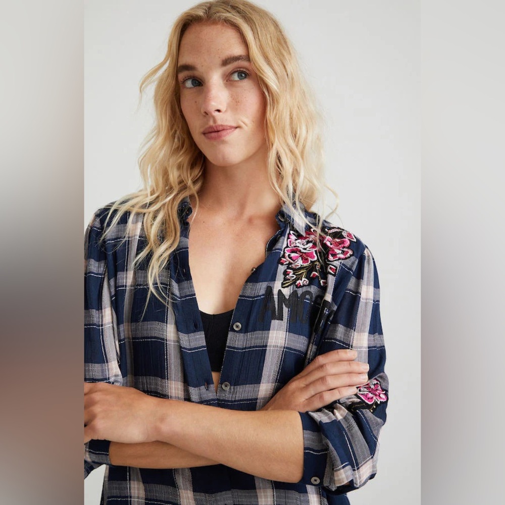 DSQUARED - handmade Plaid Shirt with Floral Embroidery